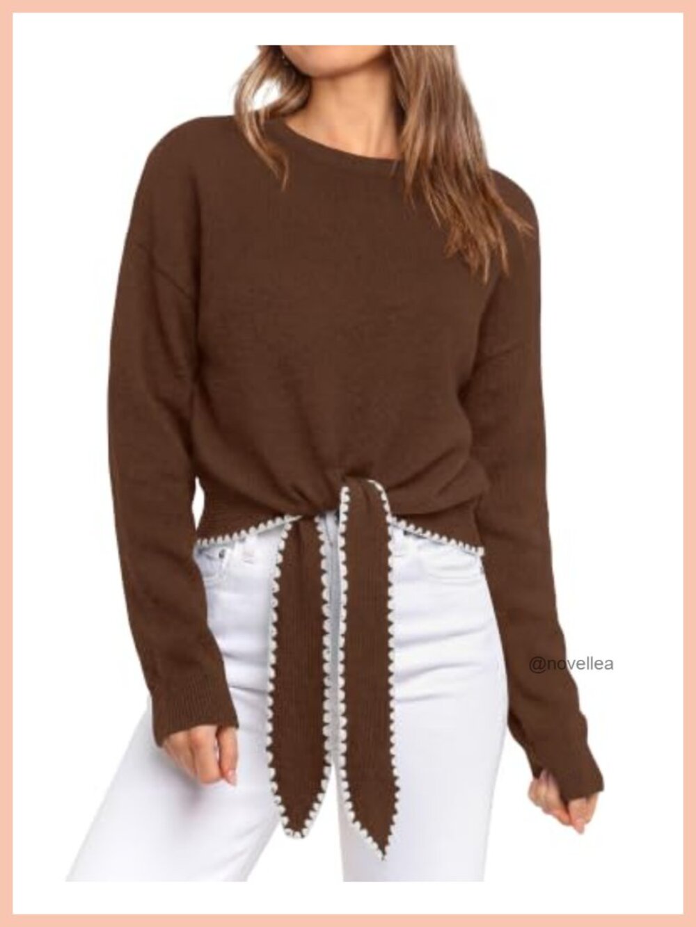 Womens Long Sleeve Tie Front Crewneck Pullover Sweater Loose Fit